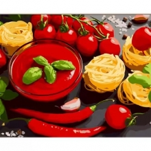яя Картина за номерами Паста з чилі та томатами на кольоровому фоні 40х50 см (MZ073)